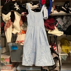 Worn once. Flowy, form fitting. Nice non faded shade of blue. Lacing Satin under